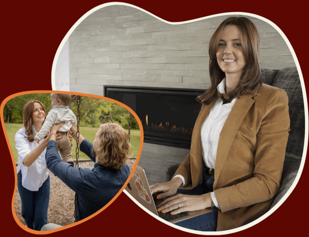 Rebecca Harms sits on a chair with a laptop in her lap. The second photo shows her playing with her child.
