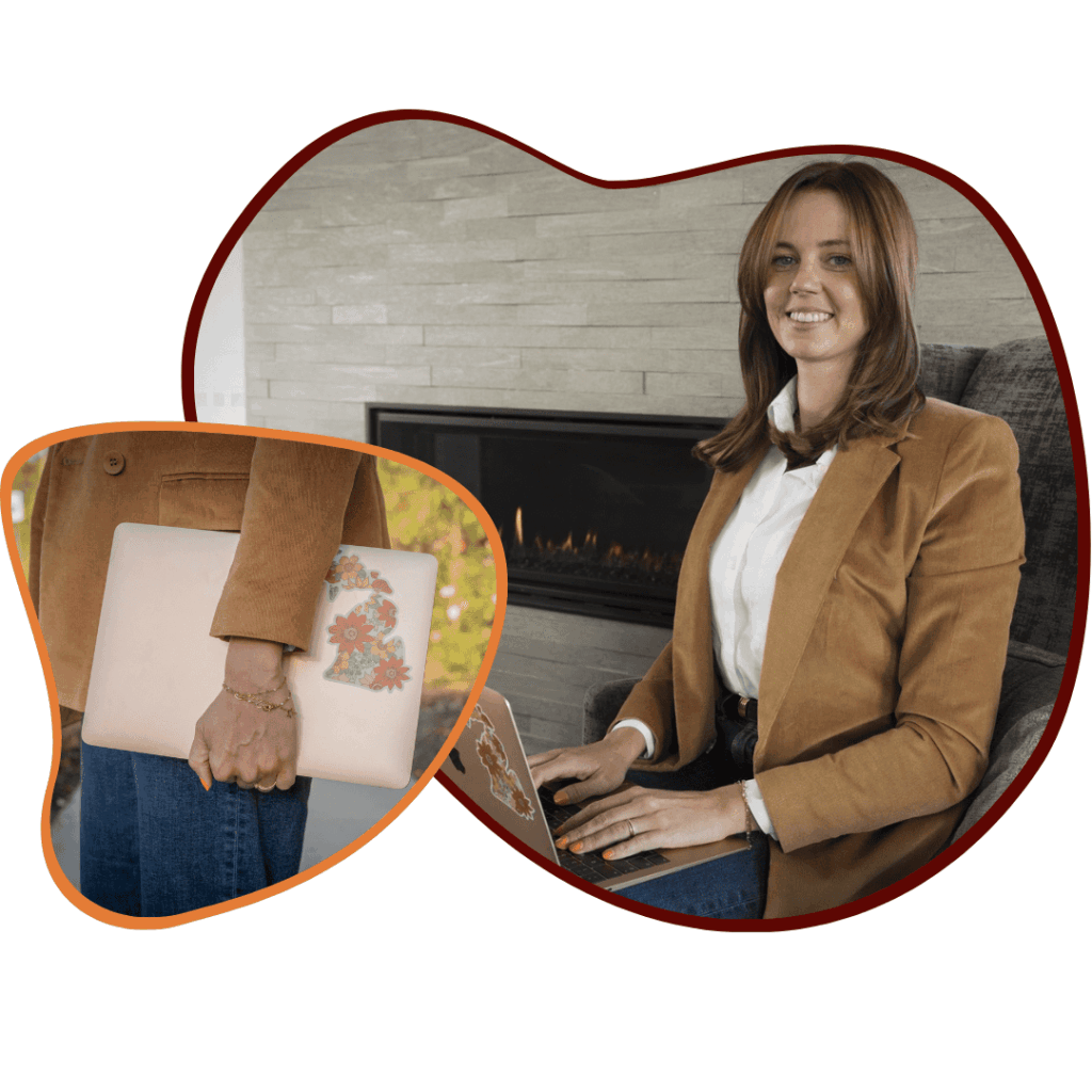Rebecca Harms sits on a chair with a laptop in her lap. The second photo shows her holding a laptop.