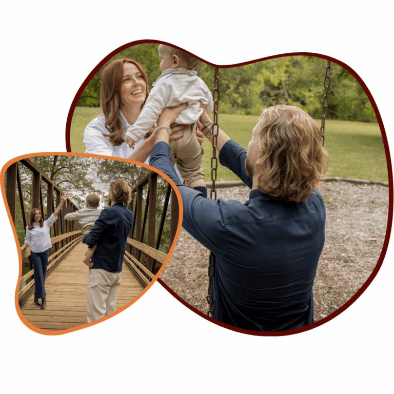 Rebecca Harms greets her baby and her husband. The second photo shows her playing with her child.